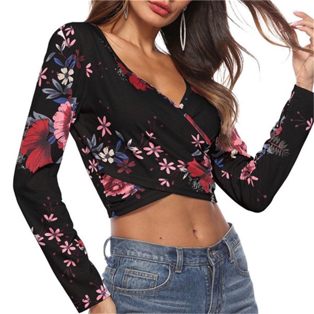 NEW! Floral Long Sleeve V-Neck Cross Crop Top!! - Picture 3 of 6